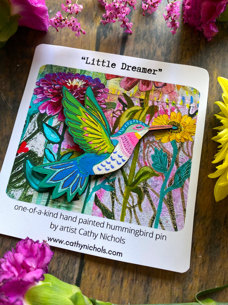 "Little Dreamer" Hand-Painted Hummingbird Pin