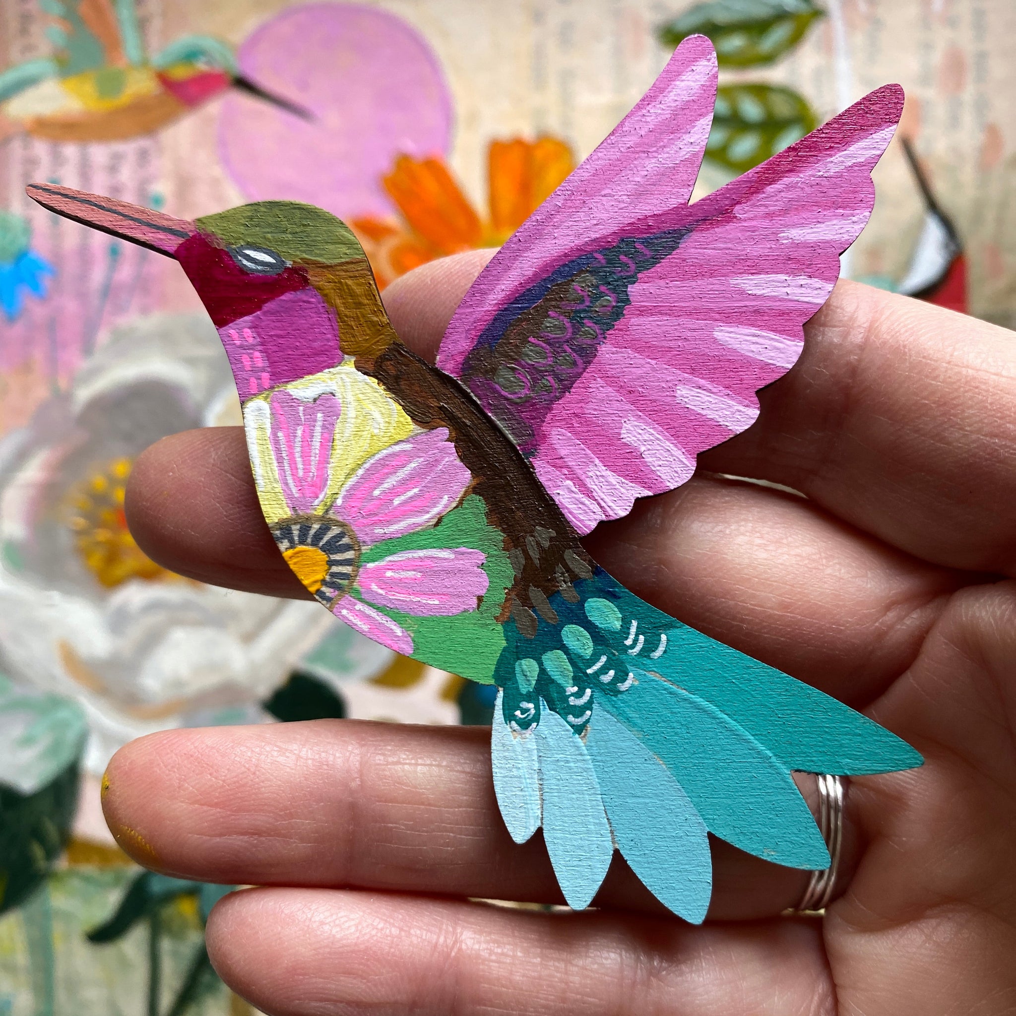 "Late Bloomer" Hand-Painted Hummingbird Pin