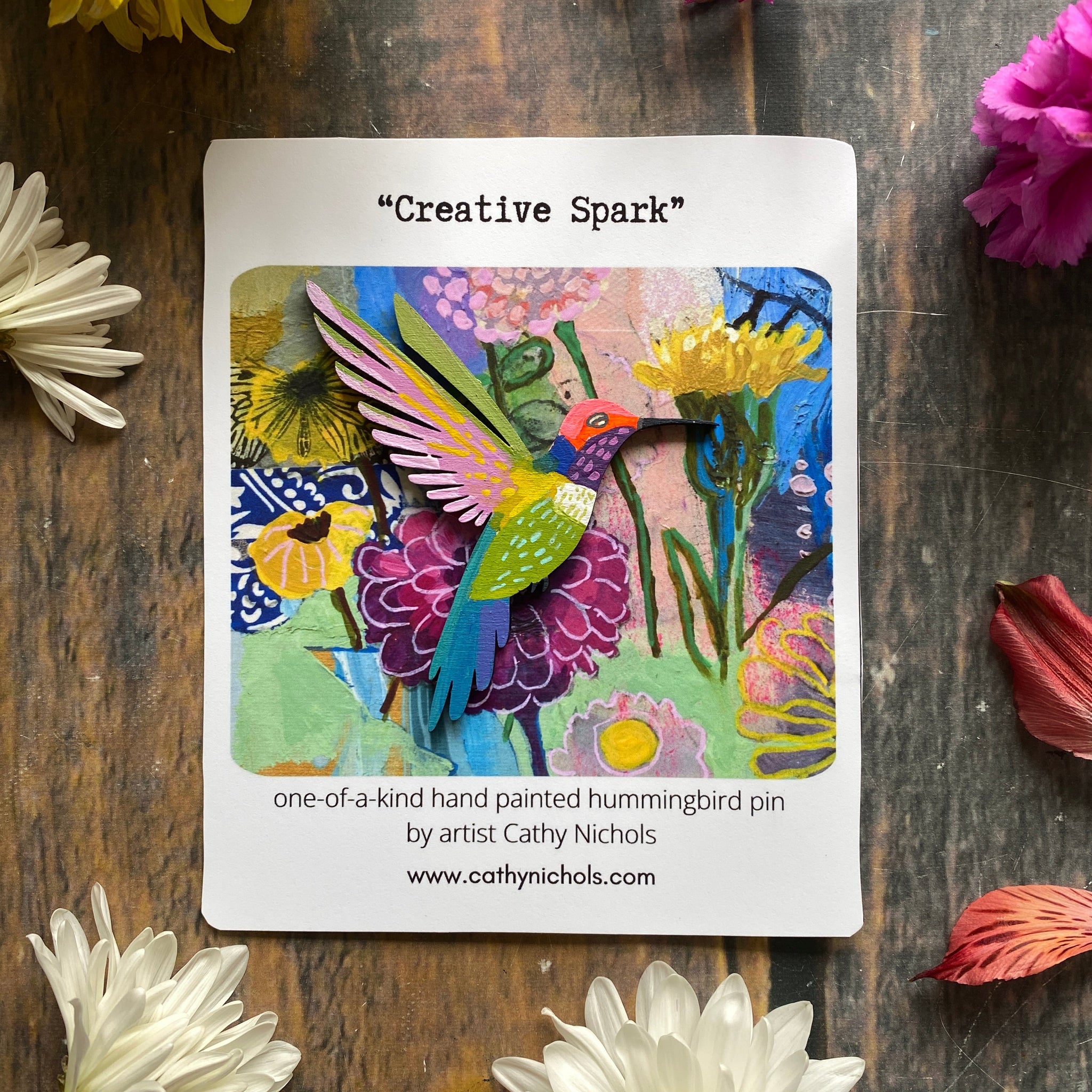 "Creative Spark" Hand-Painted Hummingbird Pin