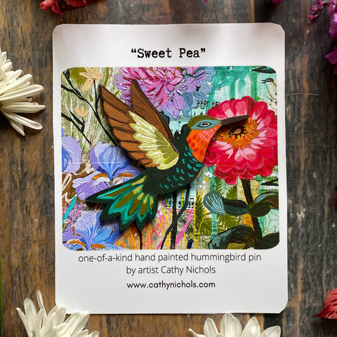 "Sweet Pea" Hand-Painted Hummingbird Pin