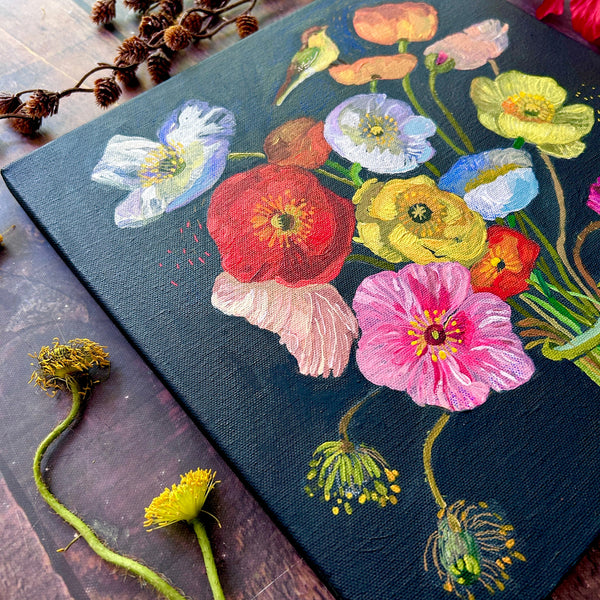 Poppy painting on a dark background with dried flowers and branches.