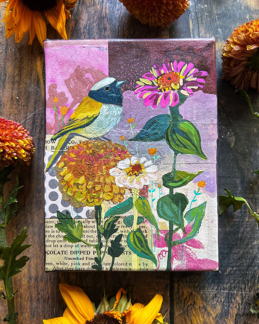 painting of goldfinch, pink zinnia and fall flowers
