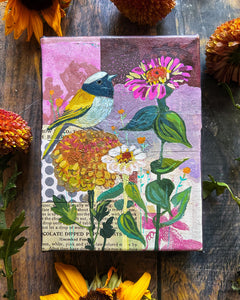 painting of goldfinch, pink zinnia and fall flowers
