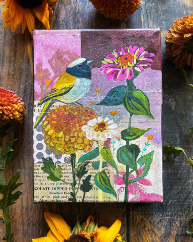 painting of goldfinch, pink zinnia and fall flowers
